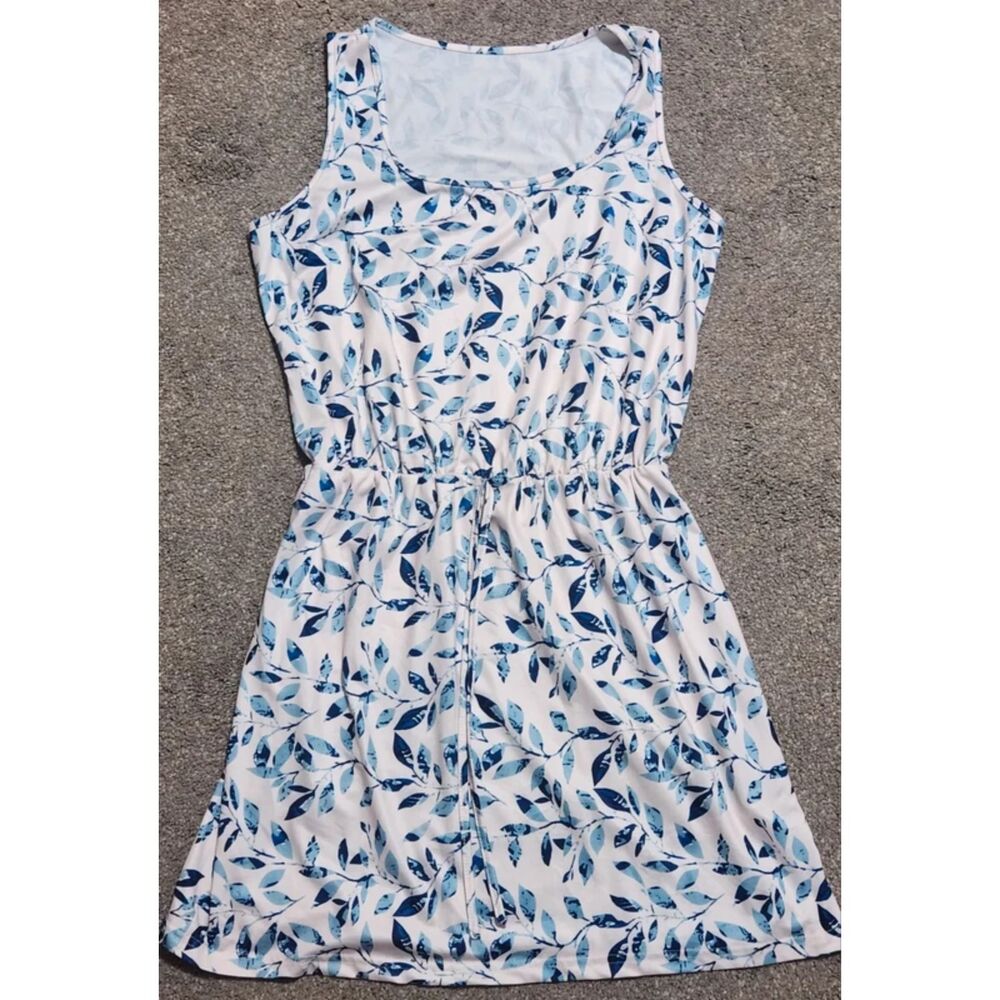 Blue and white floral cinch tie summer dress size Large